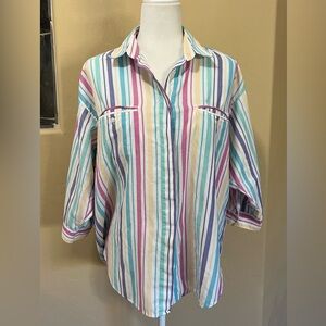 Diane Von Furstenberg Vintage Striped Button Up Quarter Sleeve 80’s Shirt Size M